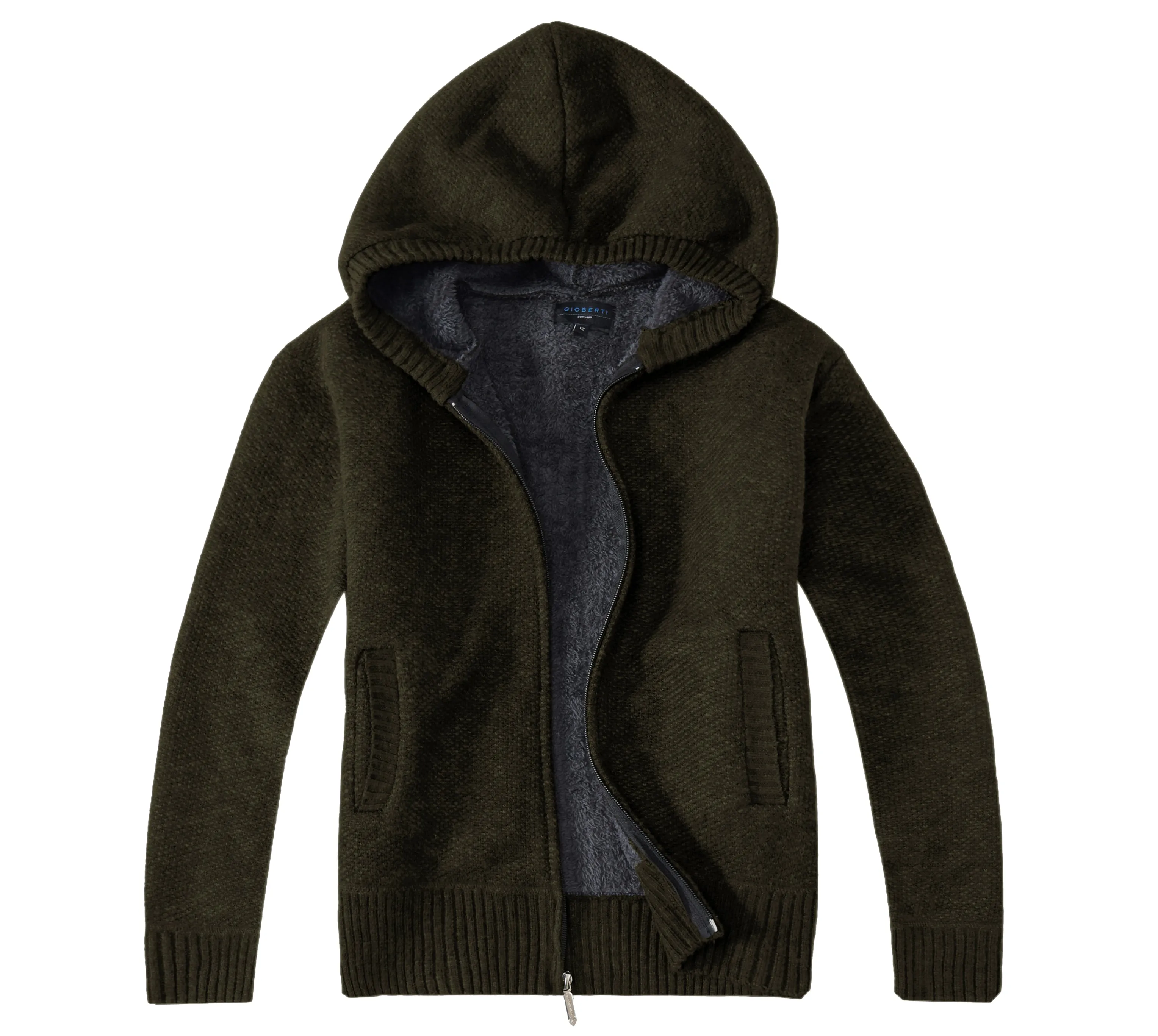 Full Zip Knitted Cardigan Sweater with Hoody and Sherpa Lining - Olive