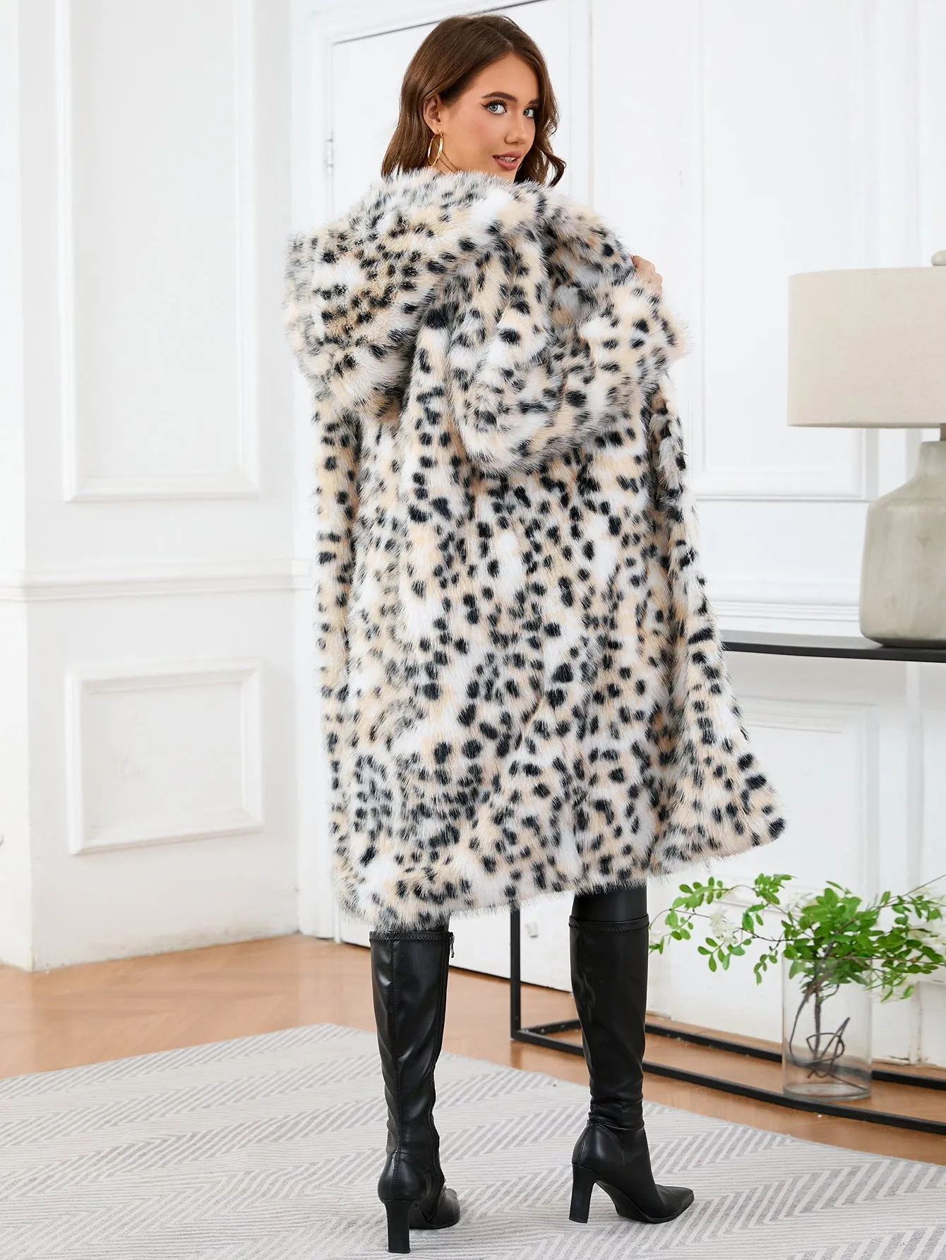 Fur Coat Winter Leopard Print Hooded Fur Long Sleeve Mid Length Warm Coat Coat Popular