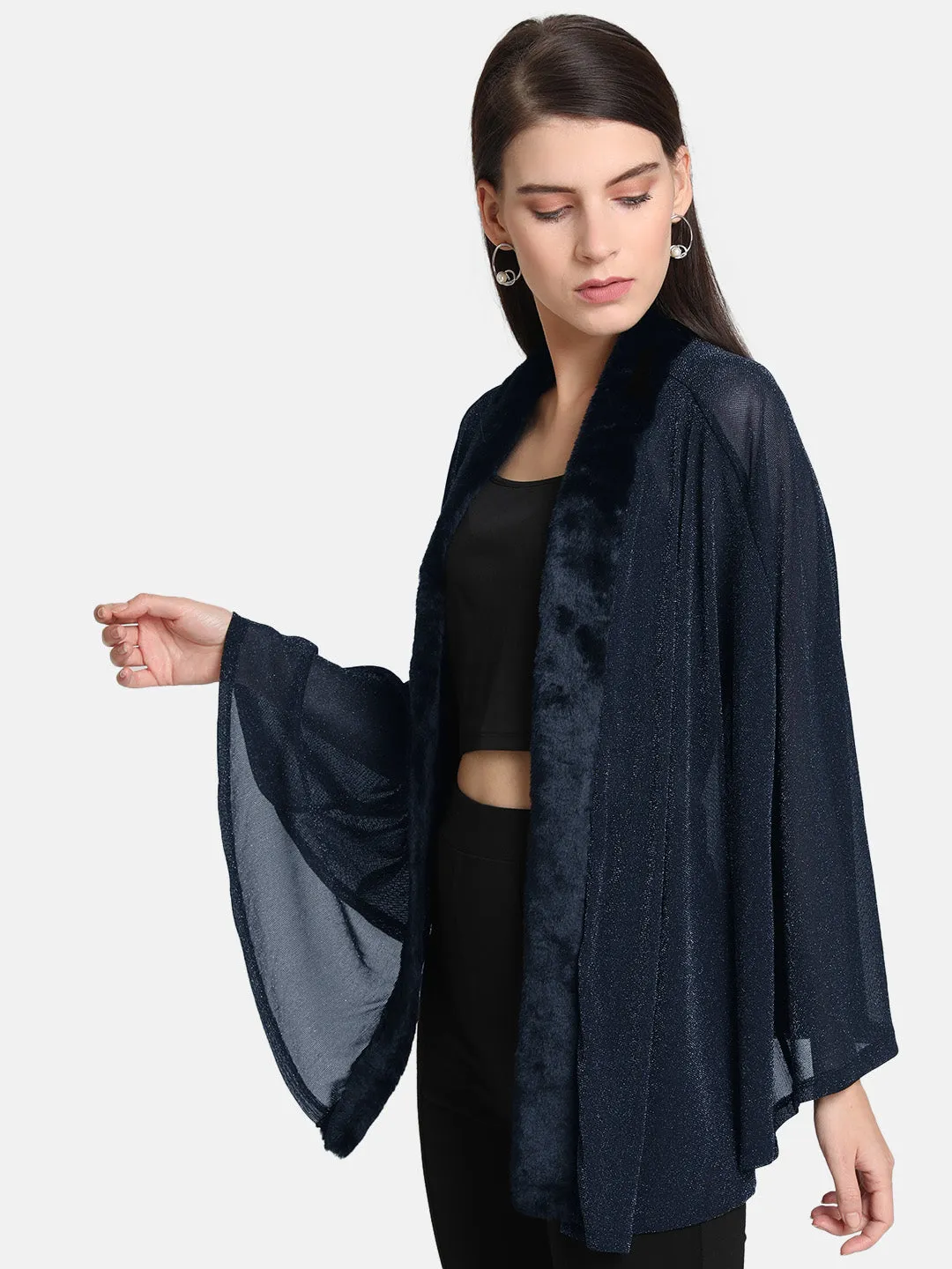 Fur Trim Lurex Mesh Cape