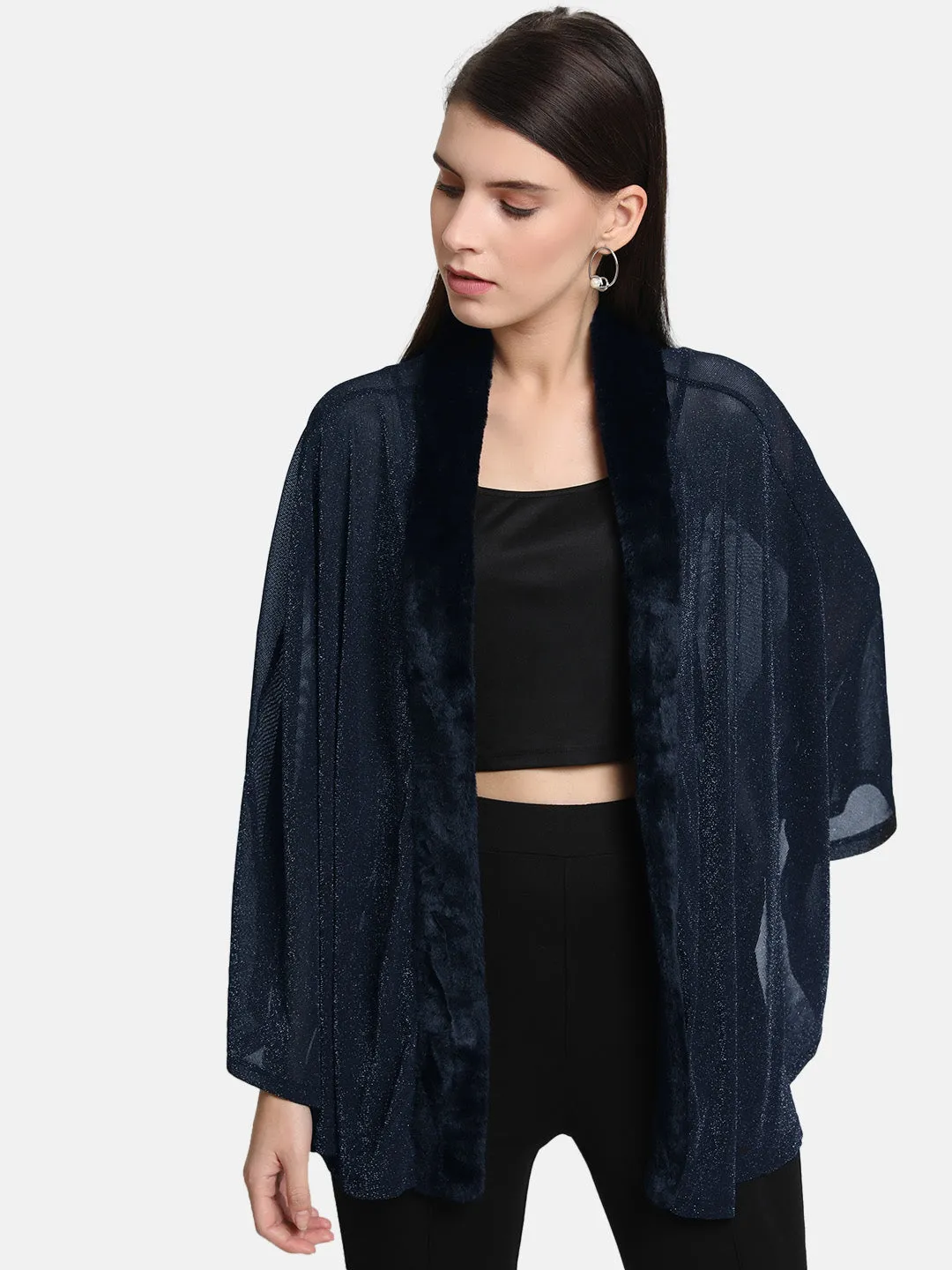 Fur Trim Lurex Mesh Cape