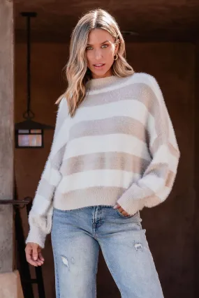 Fuzzy Beige Striped Sweater