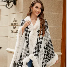 Fuzzy Checkered Long Sleeve Poncho