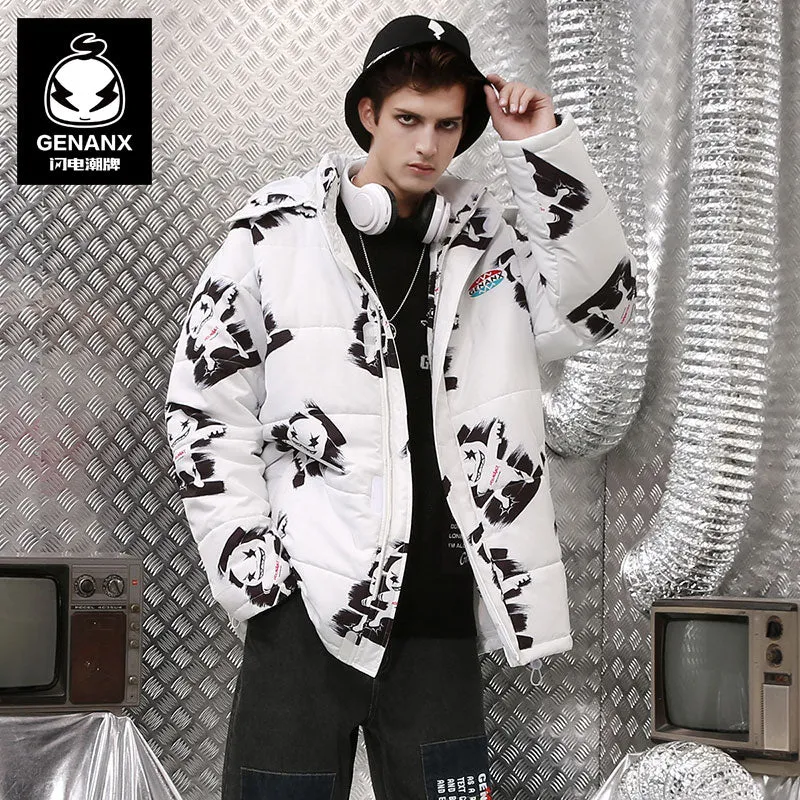 【GENANX2024NEW】Printed detachable hat white down couple down jacket