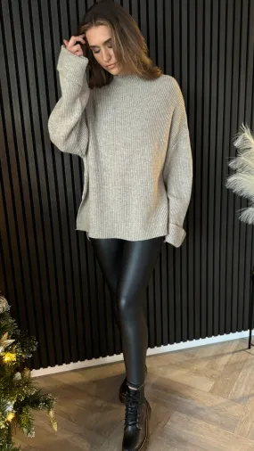 Gigi Taupe High Neck Ribbed Jumper