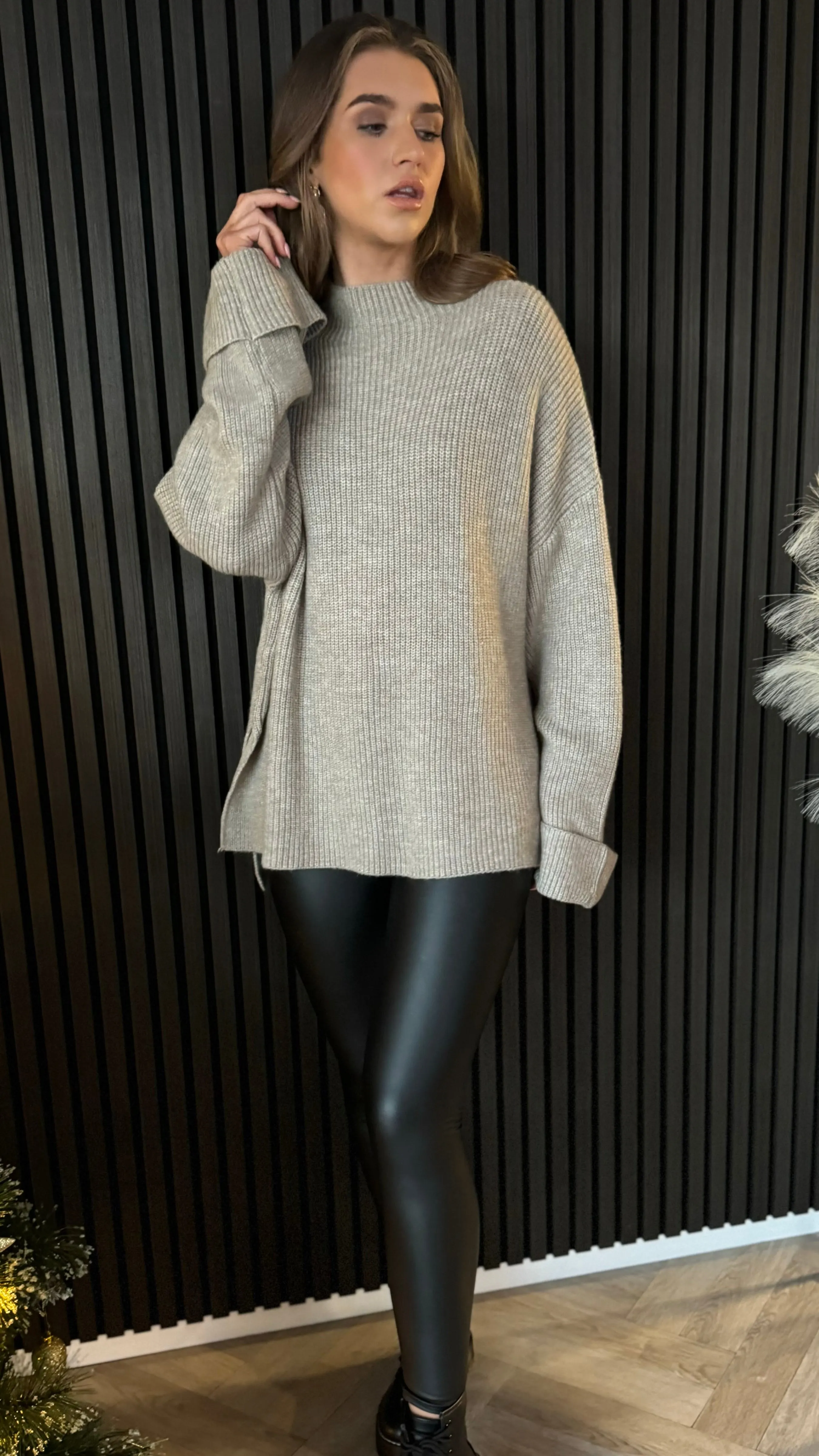 Gigi Taupe High Neck Ribbed Jumper