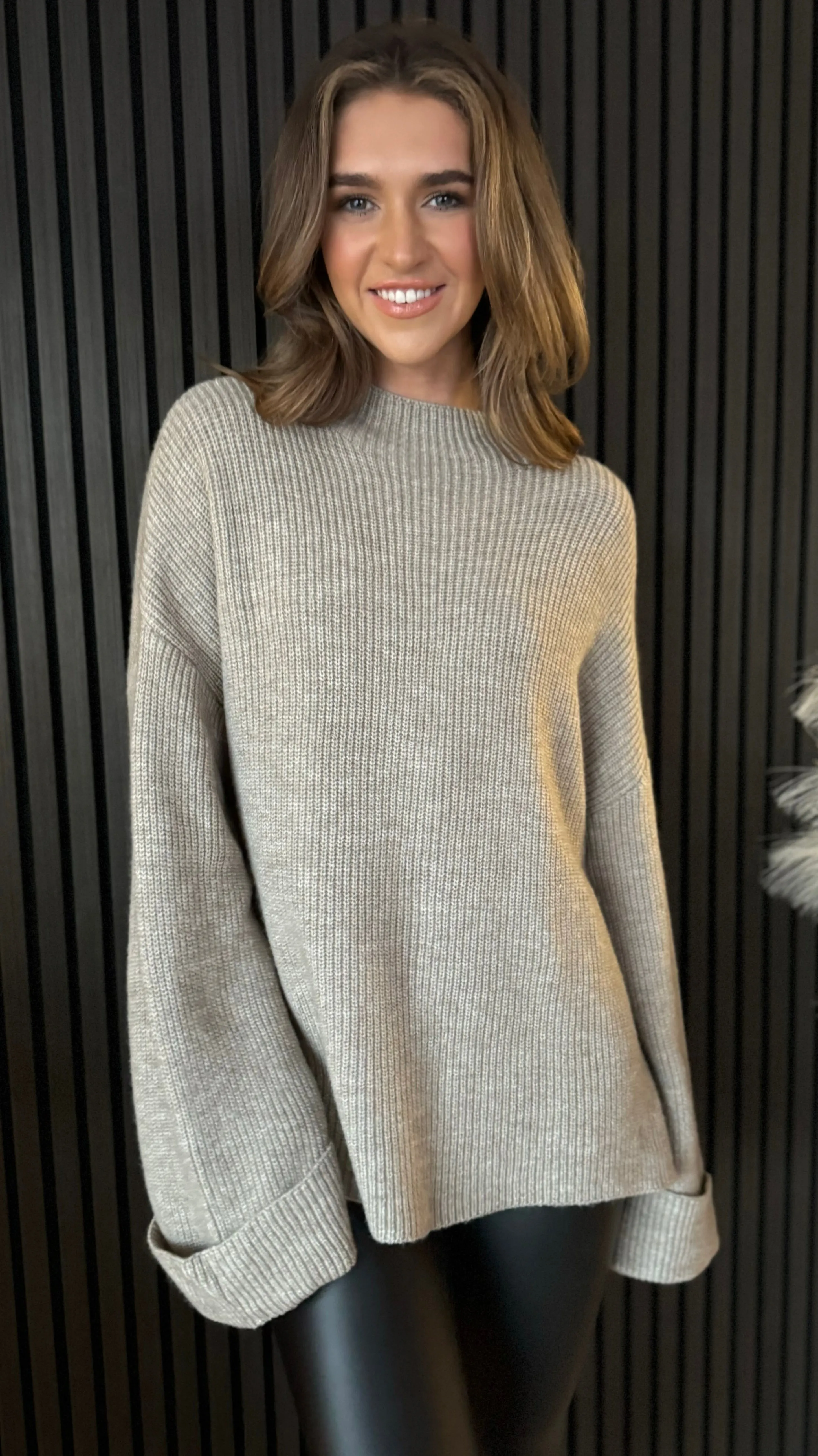 Gigi Taupe High Neck Ribbed Jumper