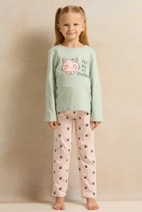 Girls Mint And Pink Printed Pyjama Set (2 Piece)