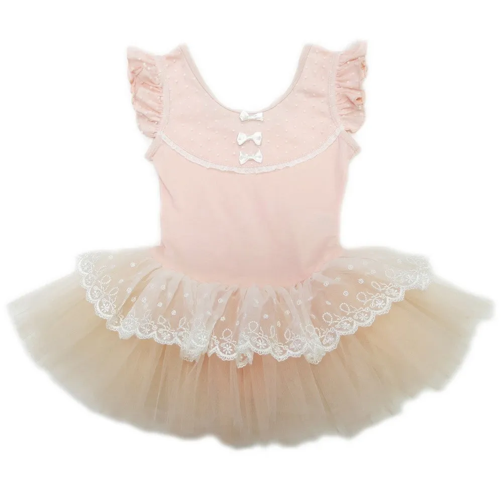 Girls Peach Lace Bow Flutter Sleeve Ballet Dress S (9-24M)-XL (6-8)