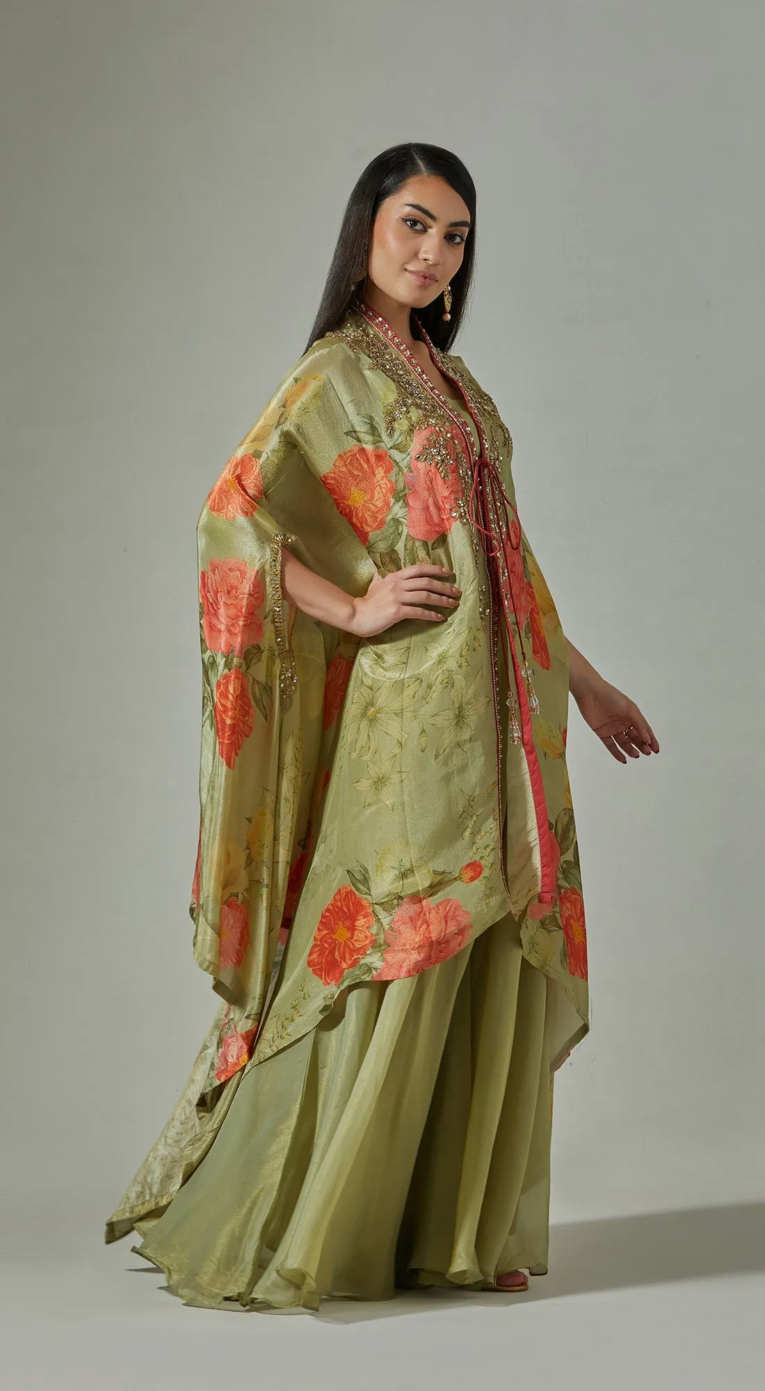 Green Printed Sharara & Cape Set