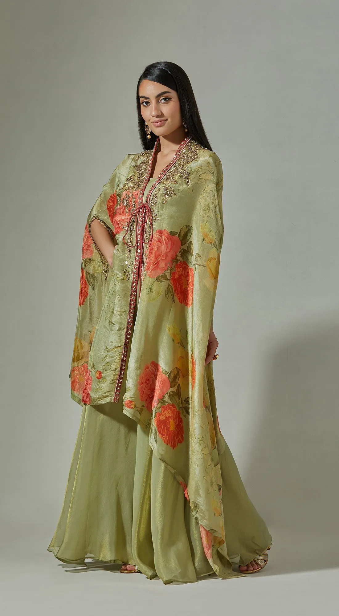 Green Printed Sharara & Cape Set