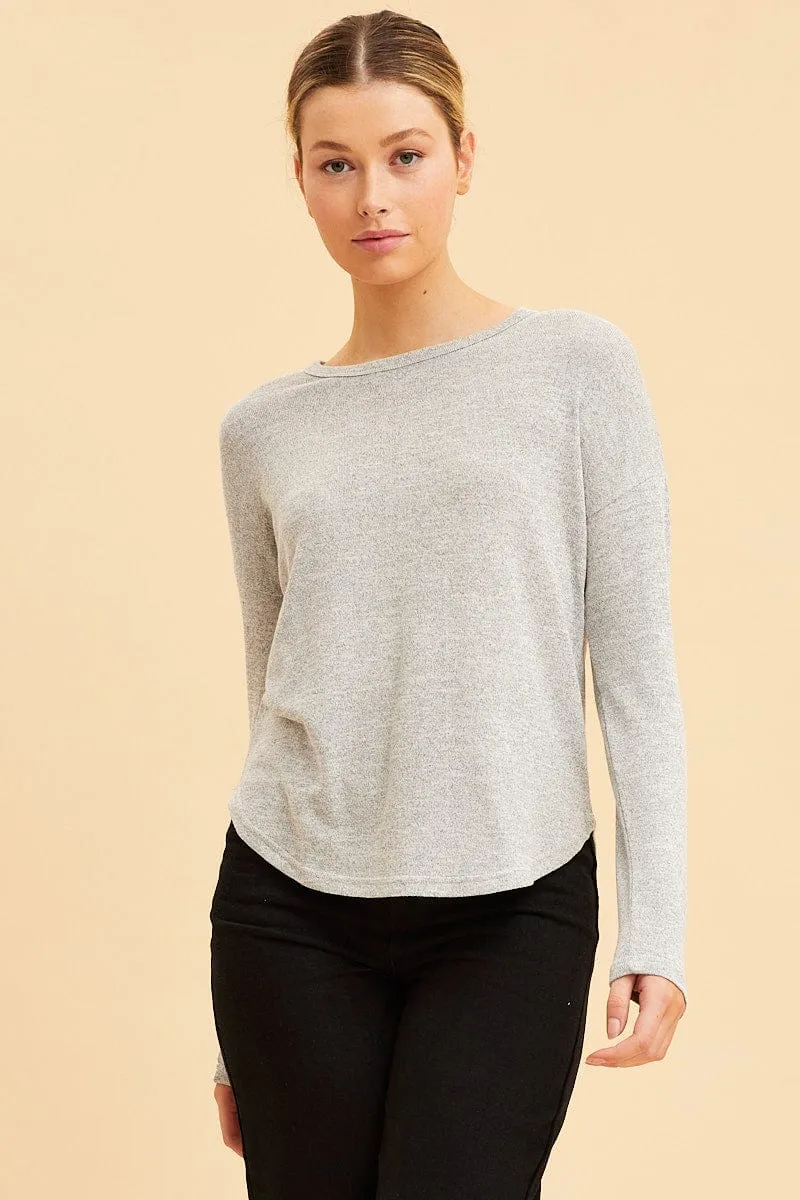 Grey Long Sleeve Top Curved Hem Crew Neck