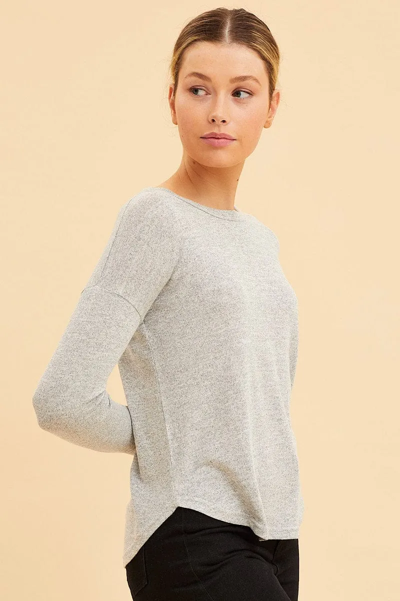 Grey Long Sleeve Top Curved Hem Crew Neck