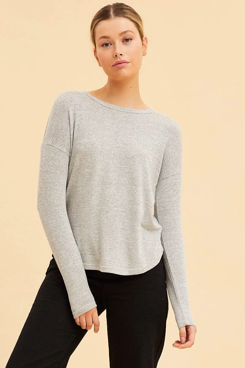 Grey Long Sleeve Top Curved Hem Crew Neck