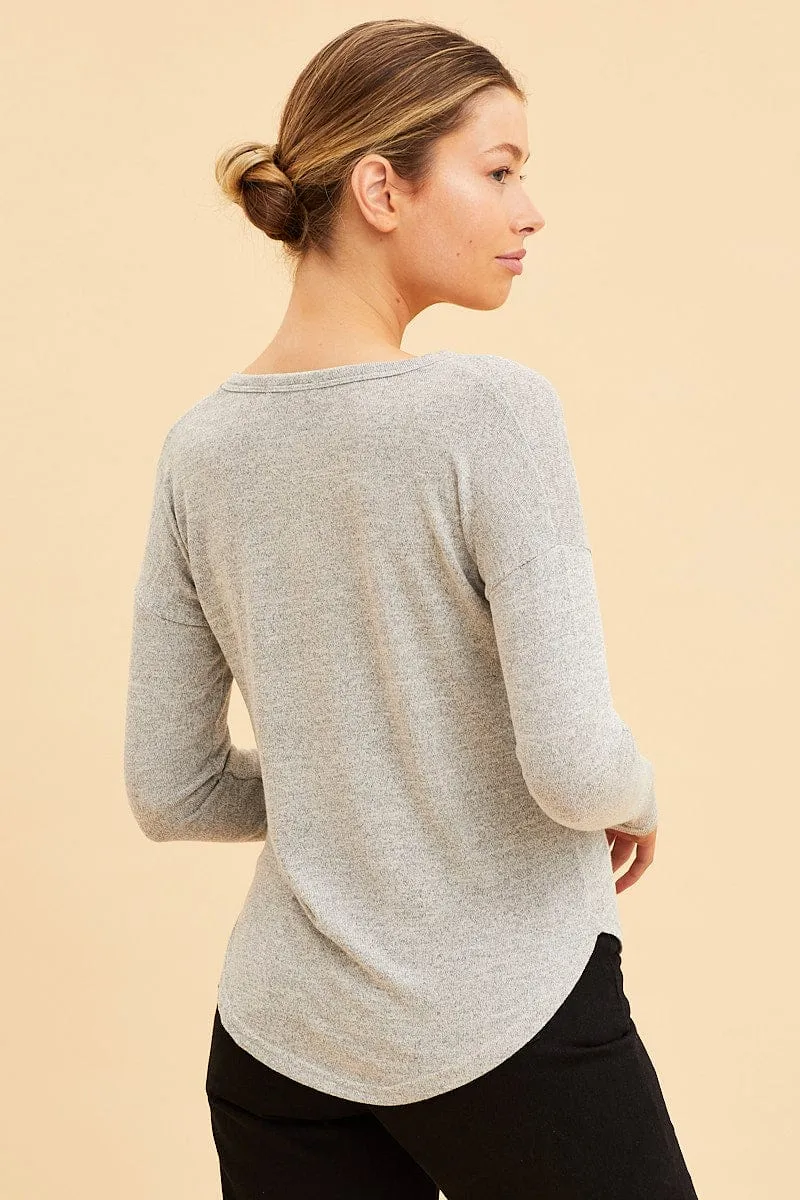 Grey Long Sleeve Top Curved Hem Crew Neck