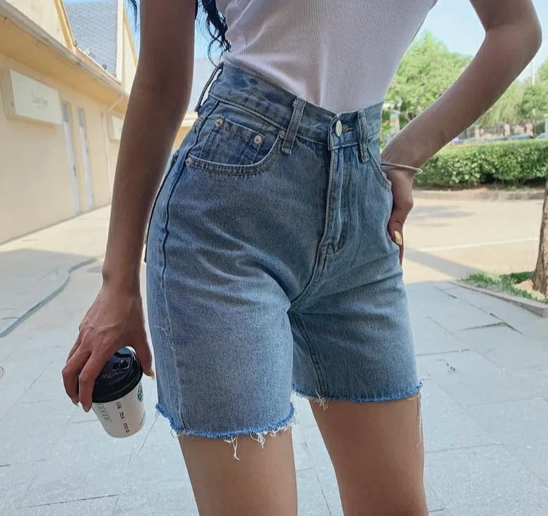 High Waist Slim Denim Shorts Bermuda Plus Size Woman  Tassel Tight Five-point Denim Shorts Washed Sexy Female summer