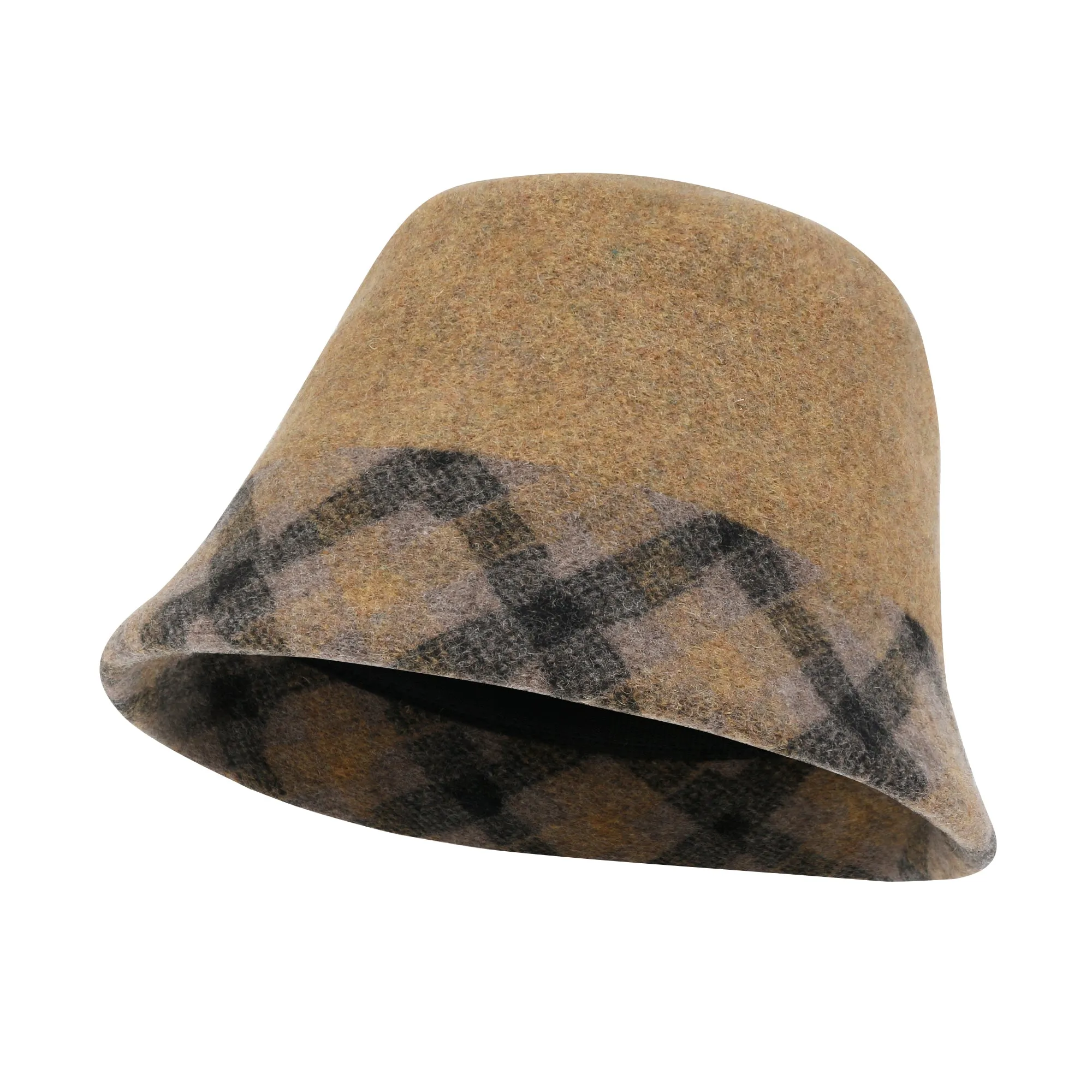 ililily Plaid Pattern Brim Knitted Wool Fedora Colorful Winter Bucket Hat