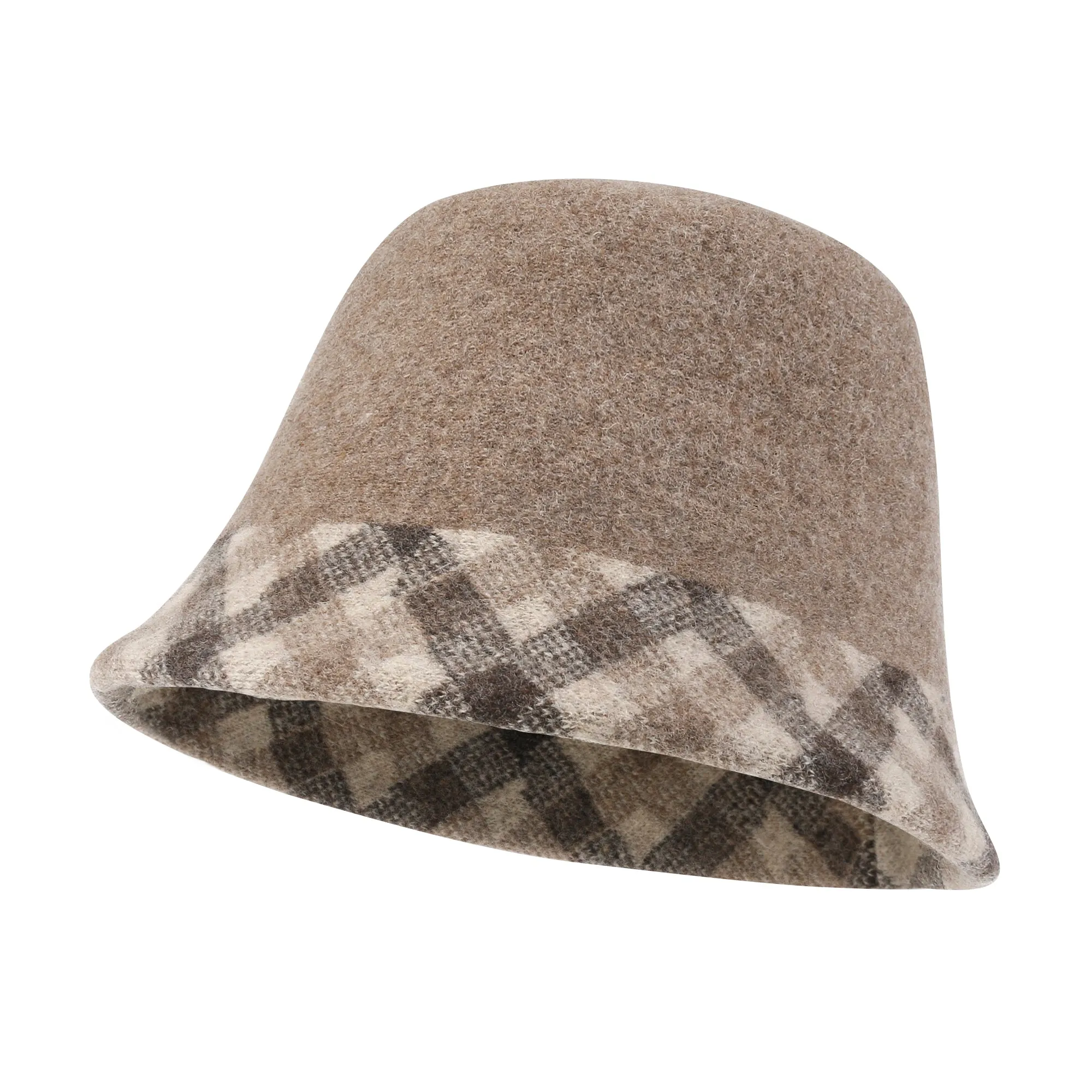 ililily Plaid Pattern Brim Knitted Wool Fedora Colorful Winter Bucket Hat