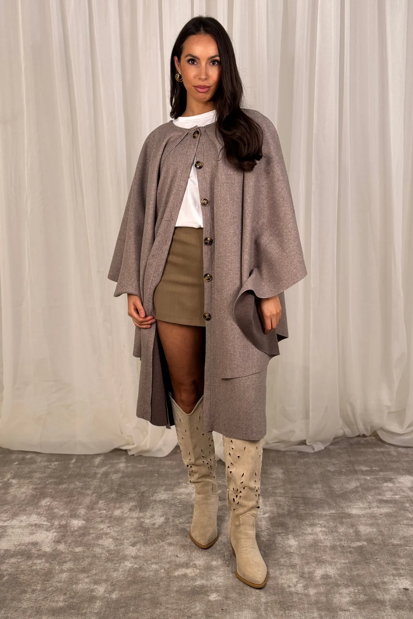 Indie Cape Overlay Coat In Taupe