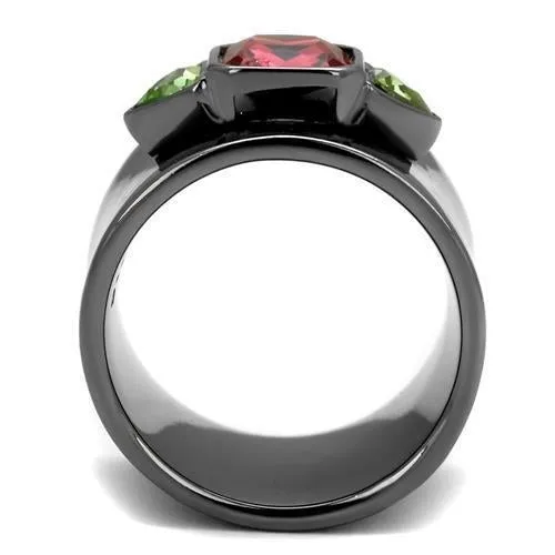 IP Light Black (IP Gun) Stainless Steel Ring with Synthetic Synthetic Glass in Multi Color for Women Style TK2556