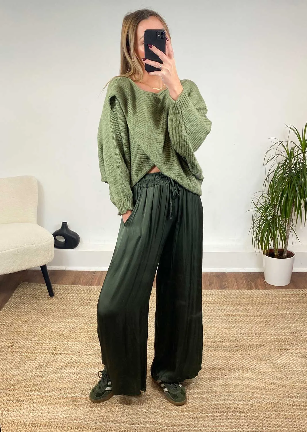 Jane Crossover Knit Jumper in Sage Green