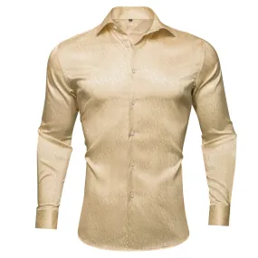 Khaki Solid Woven Silk Men's Long Sleeve Shirt