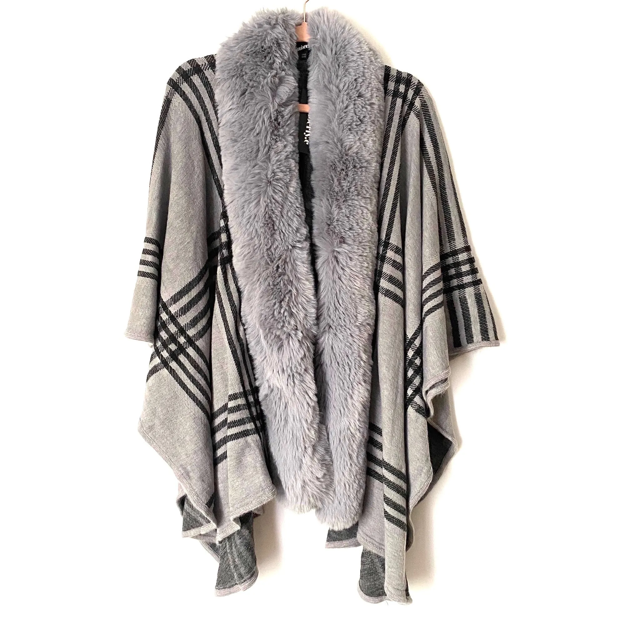 Kimberly.c Grey Faux Fur Collar Poncho NWT- One Size