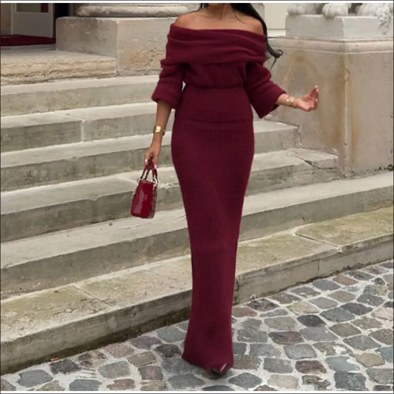 Ladies Burgundy Off-shoulder Long Dress for Timeless Elegance