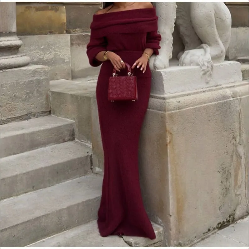 Ladies Burgundy Off-shoulder Long Dress for Timeless Elegance