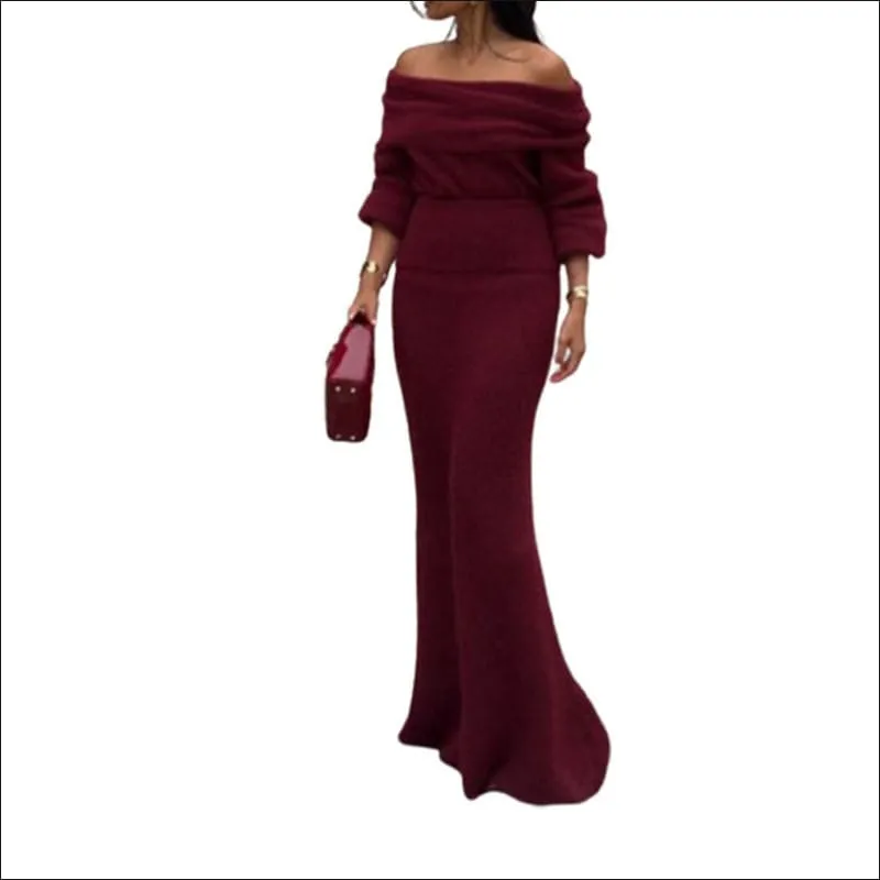 Ladies Burgundy Off-shoulder Long Dress for Timeless Elegance