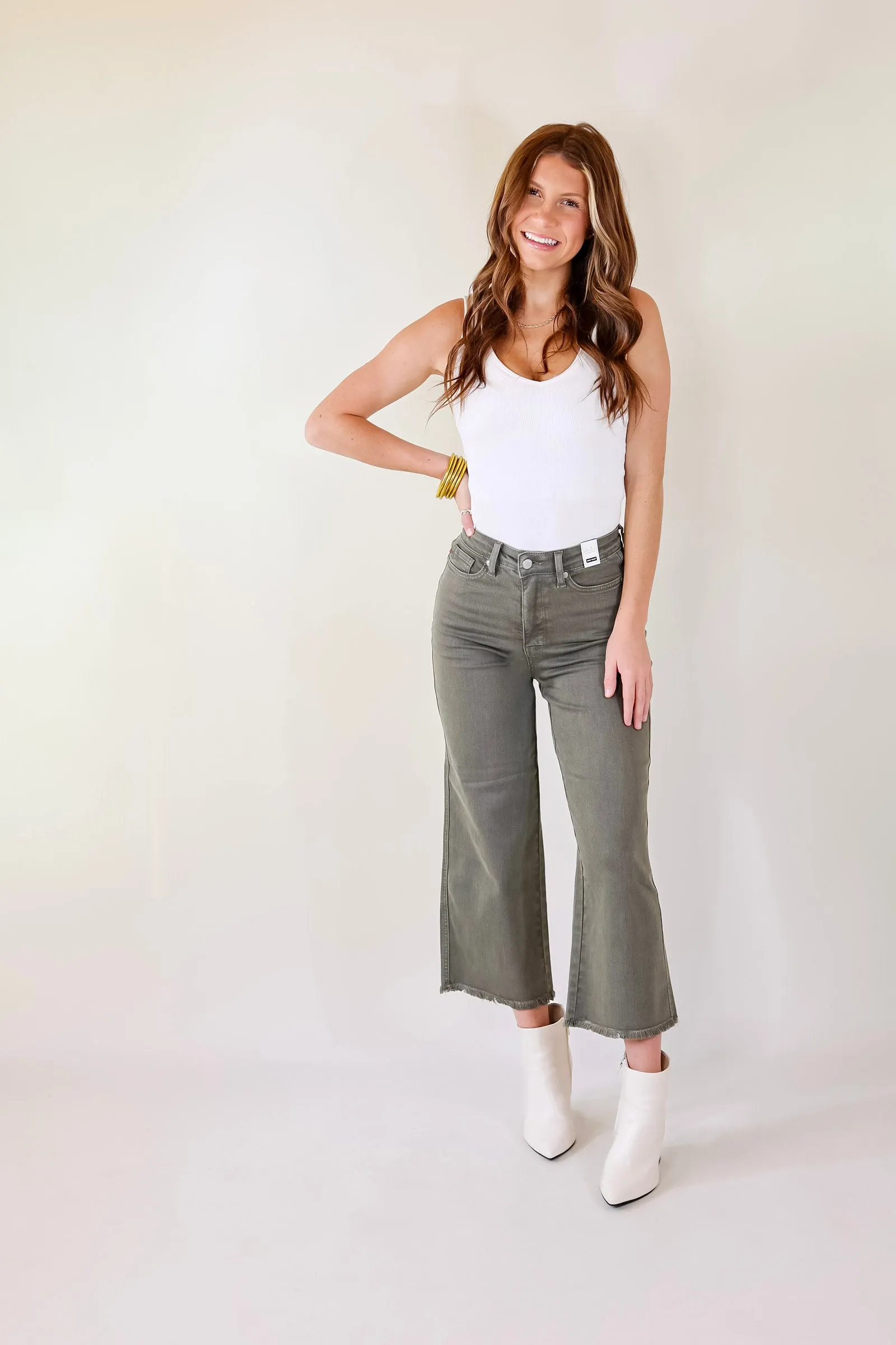 Last Chance Size 0 | Judy Blue | Sign Me Up Tummy Control Cropped Wide Leg Jeans in Olive Green