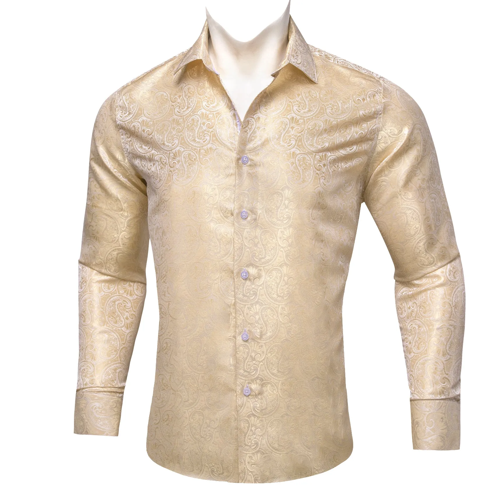 LemonChiffon Paisley Pattern Silk Men's Long Sleeve Shirt