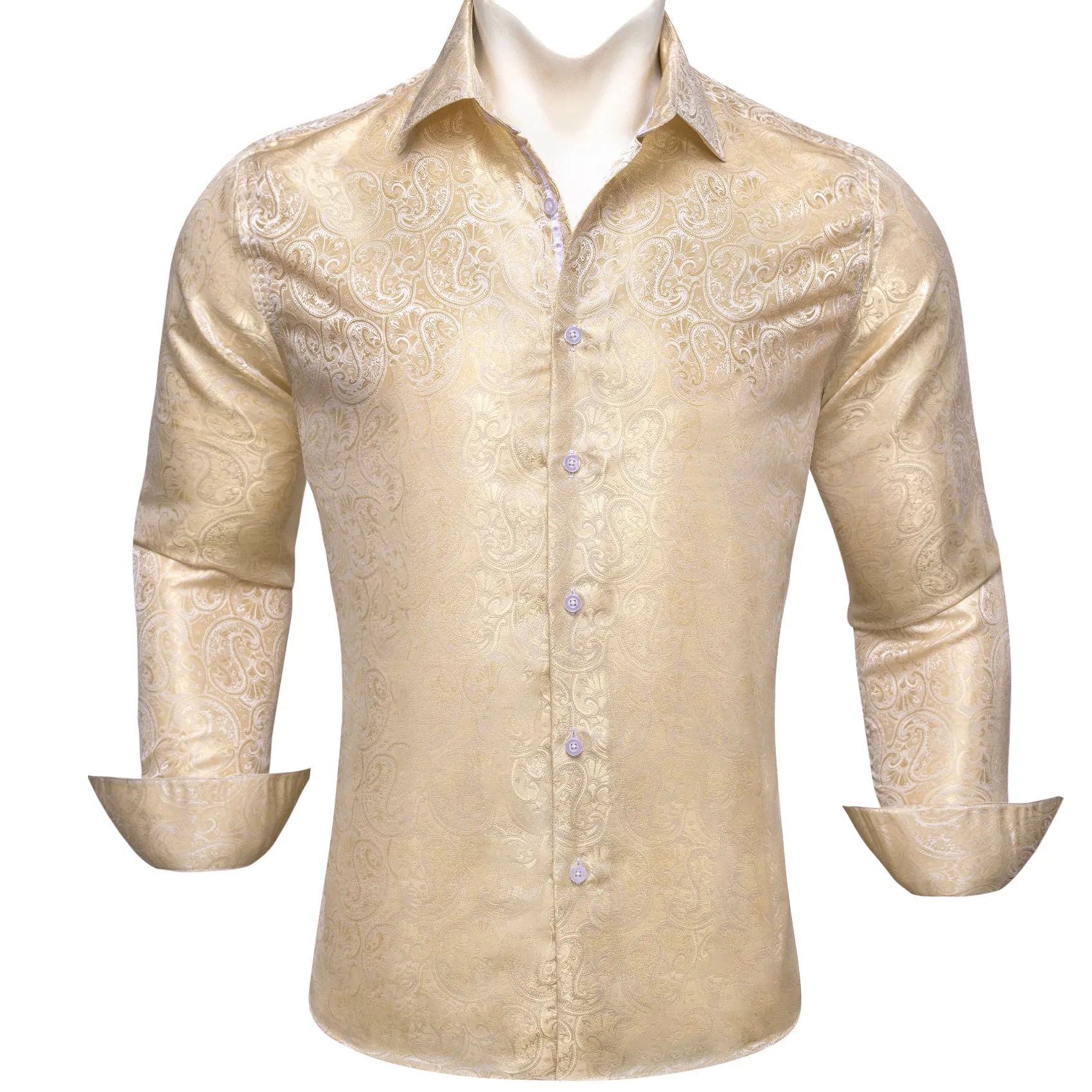 LemonChiffon Paisley Pattern Silk Men's Long Sleeve Shirt