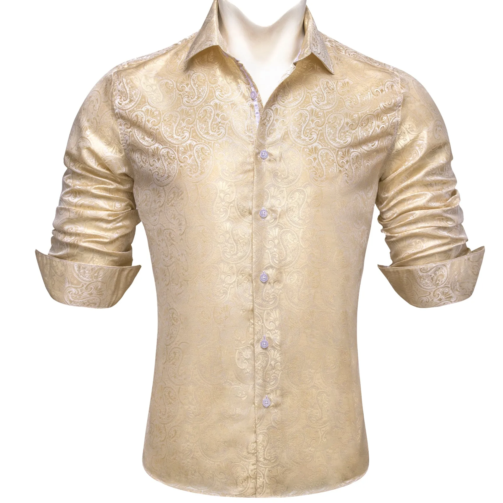 LemonChiffon Paisley Pattern Silk Men's Long Sleeve Shirt