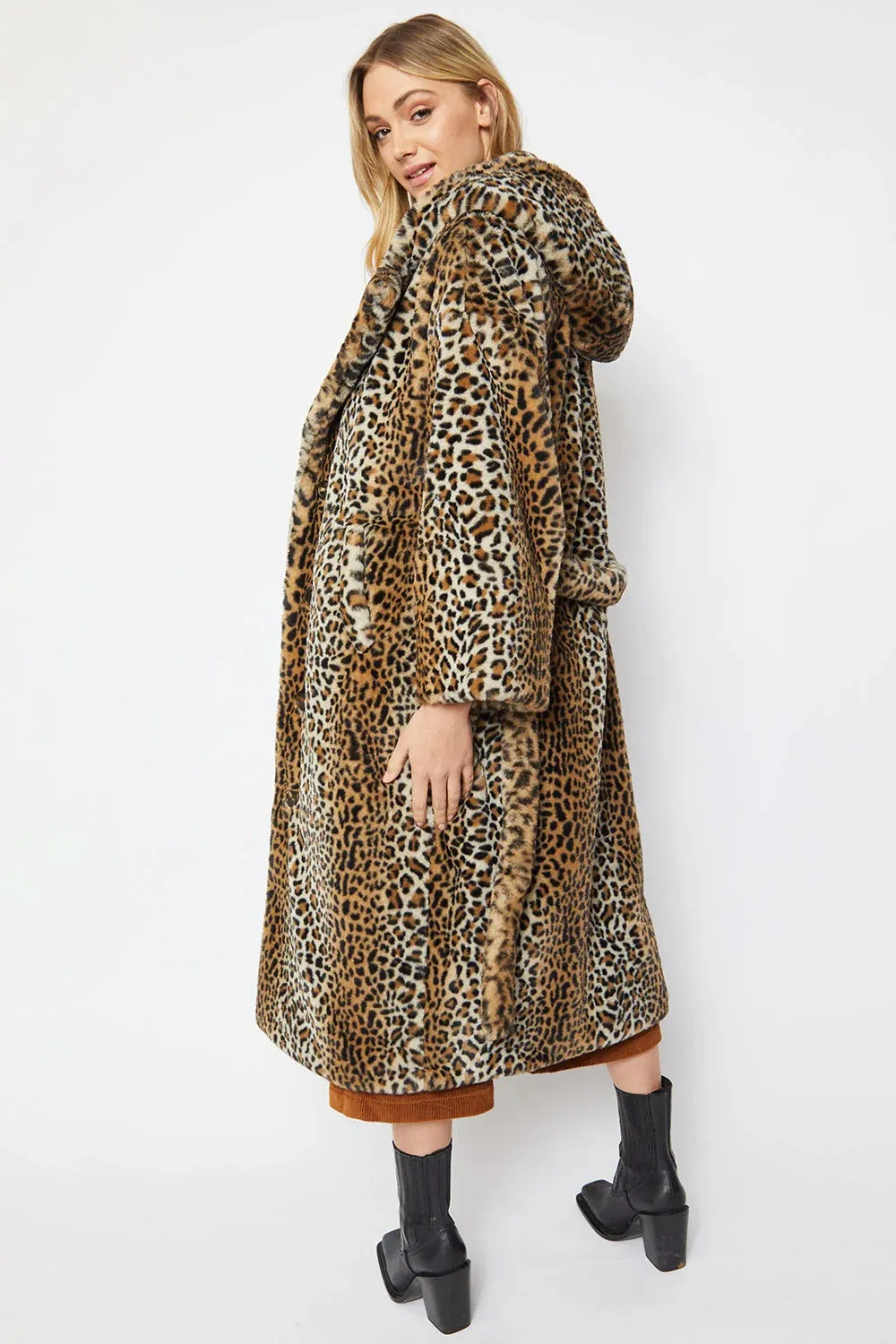 Leopard Print Hooded Mocha Maxi Coat