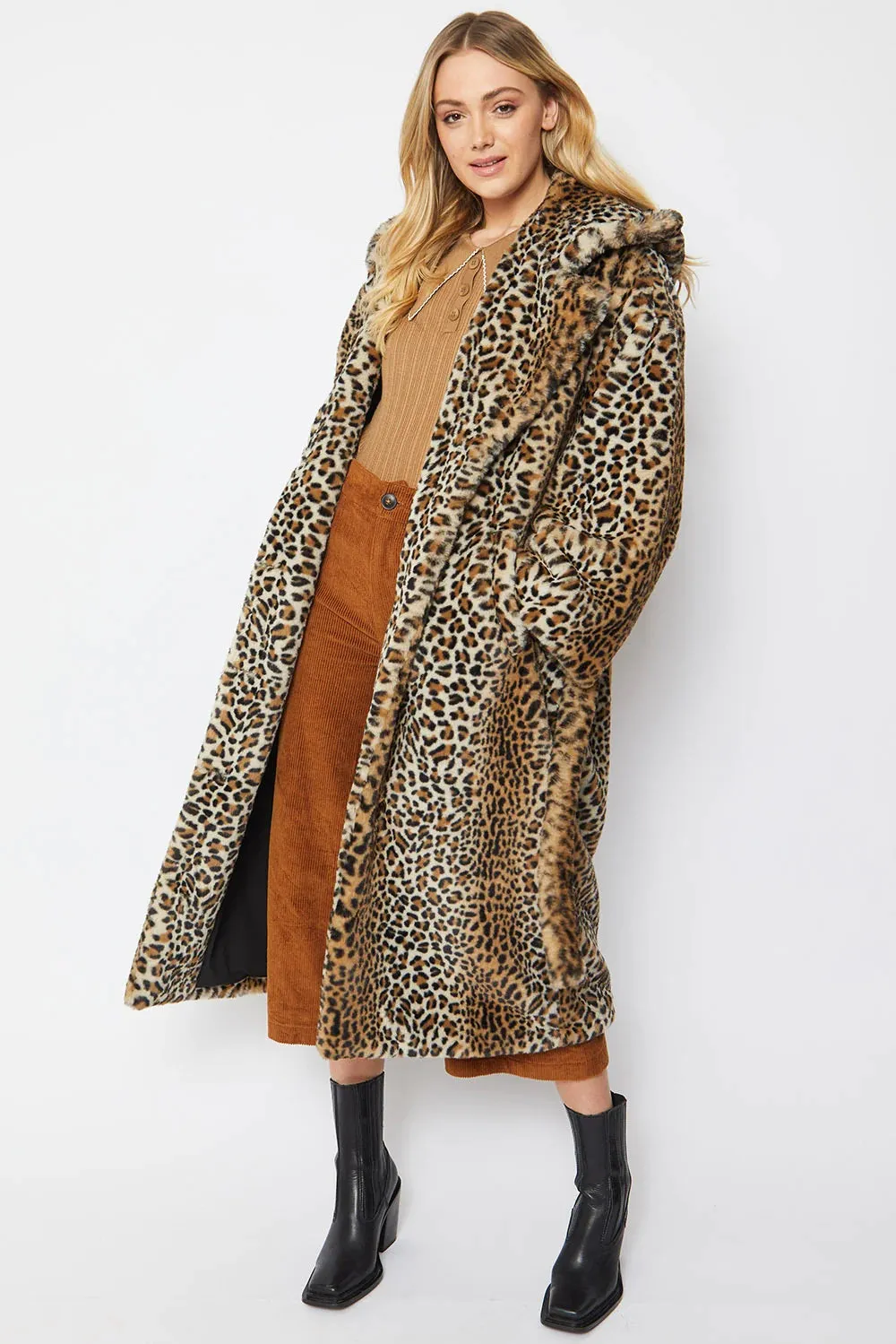 Leopard Print Hooded Mocha Maxi Coat