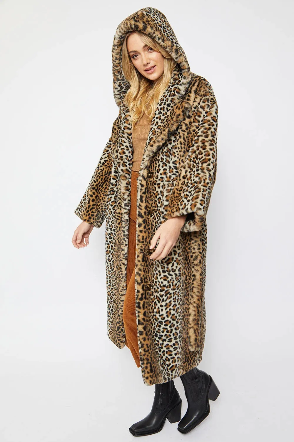 Leopard Print Hooded Mocha Maxi Coat