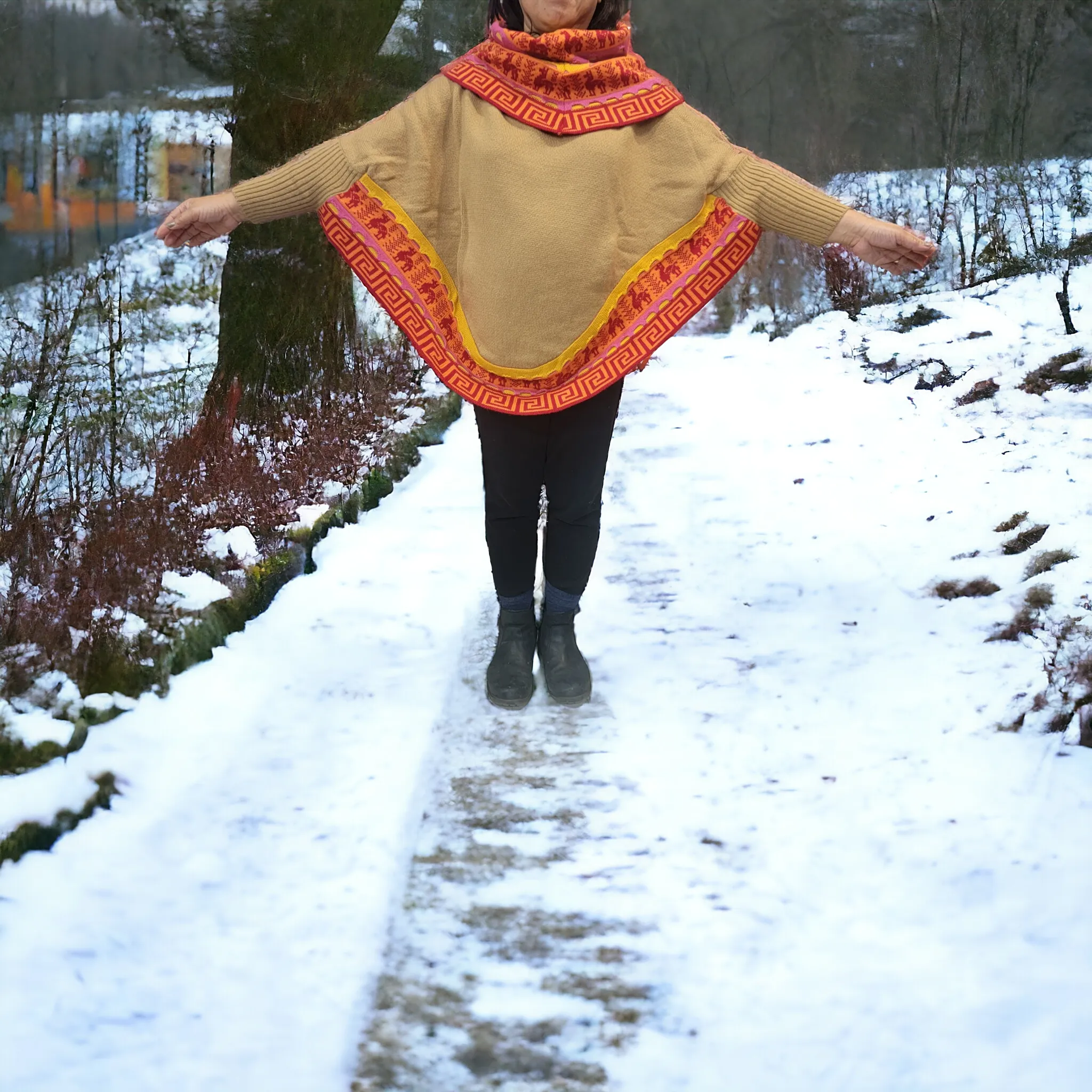 Light Brown poncho with sleeves is knit of alpaca fibers #0028