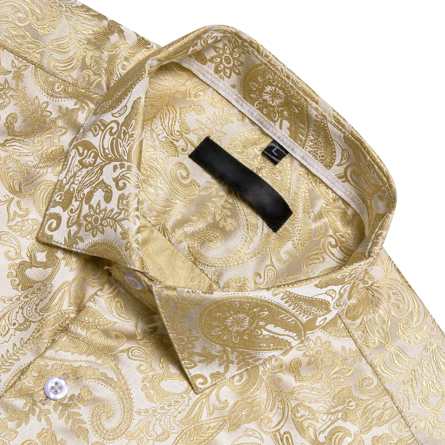 Light Yellow Paisley Silk Men's Long Sleeve Shirt