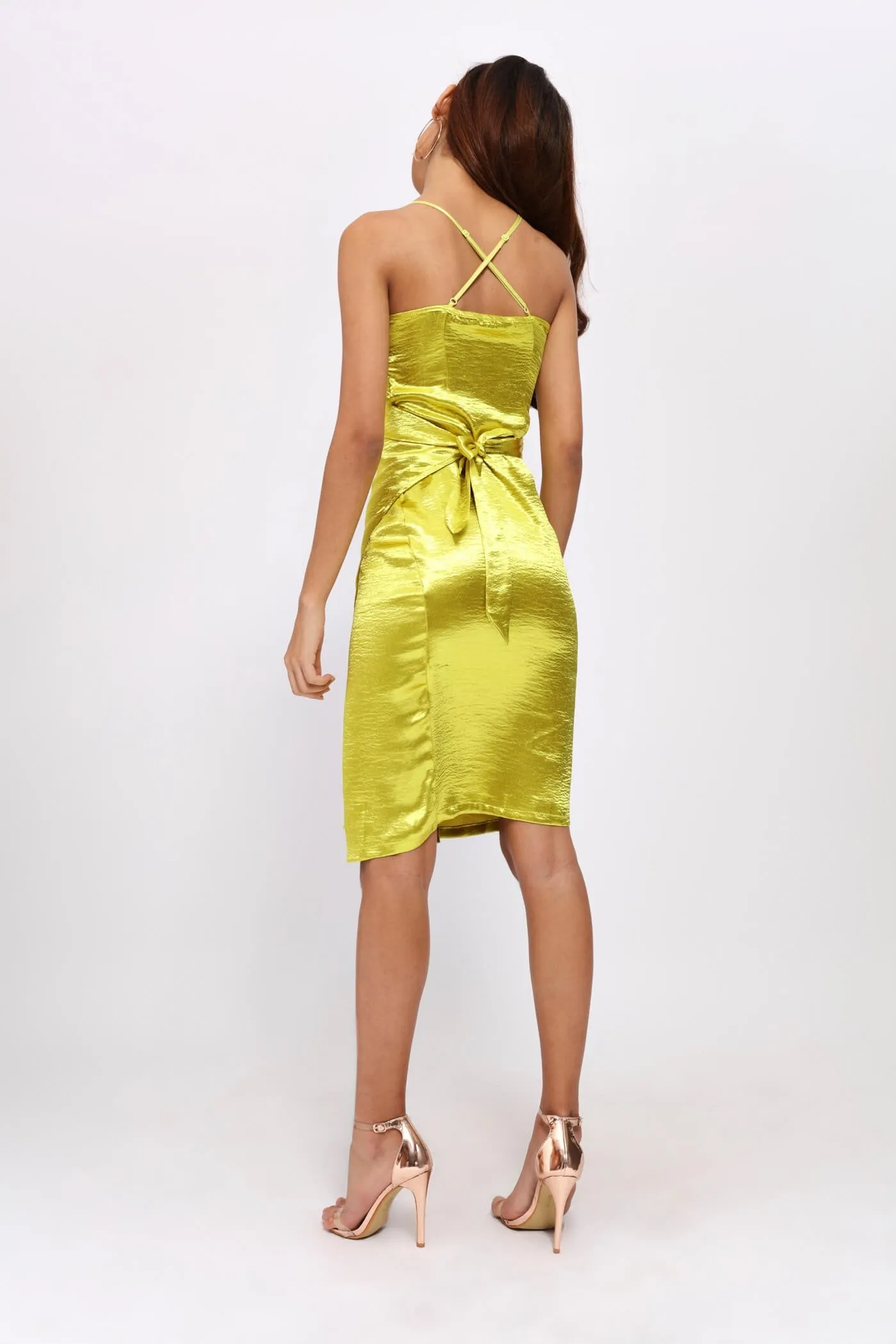 Lime Green Satin Wrap Midi Dress