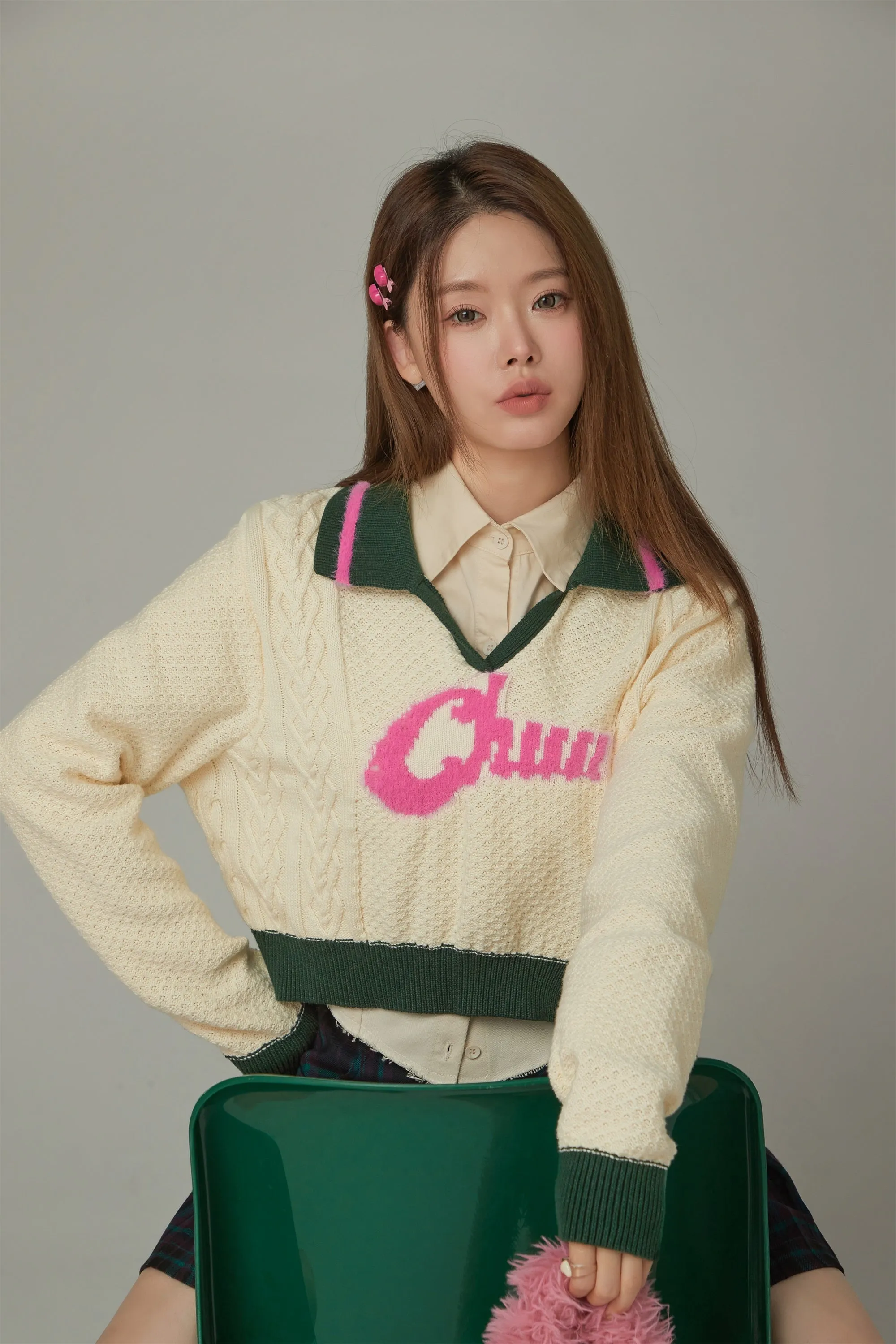 Logo Open Collar Crop Knit Sweater