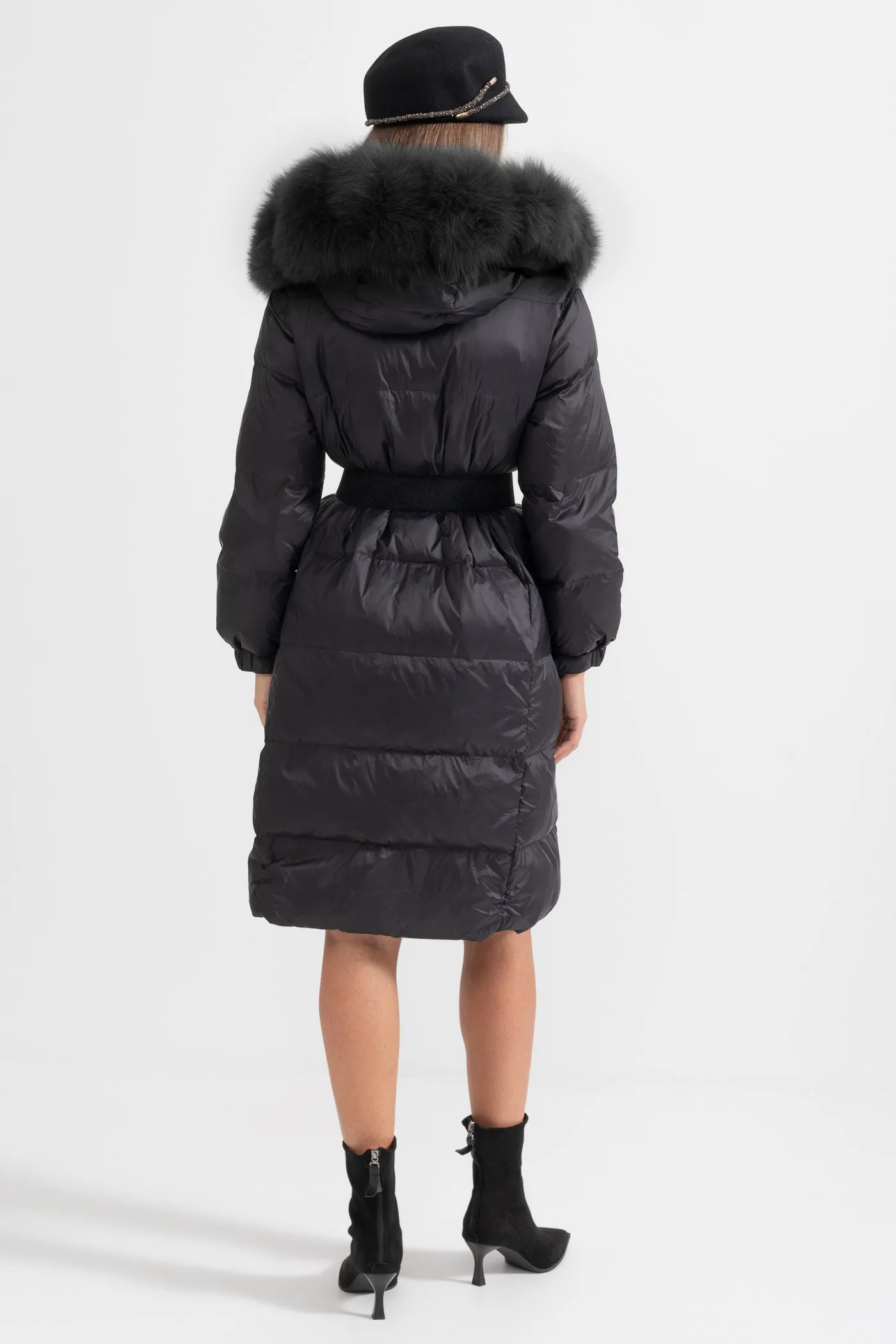 Long Puffer Jacket With Black Fox Fur-Lined Hood - Black