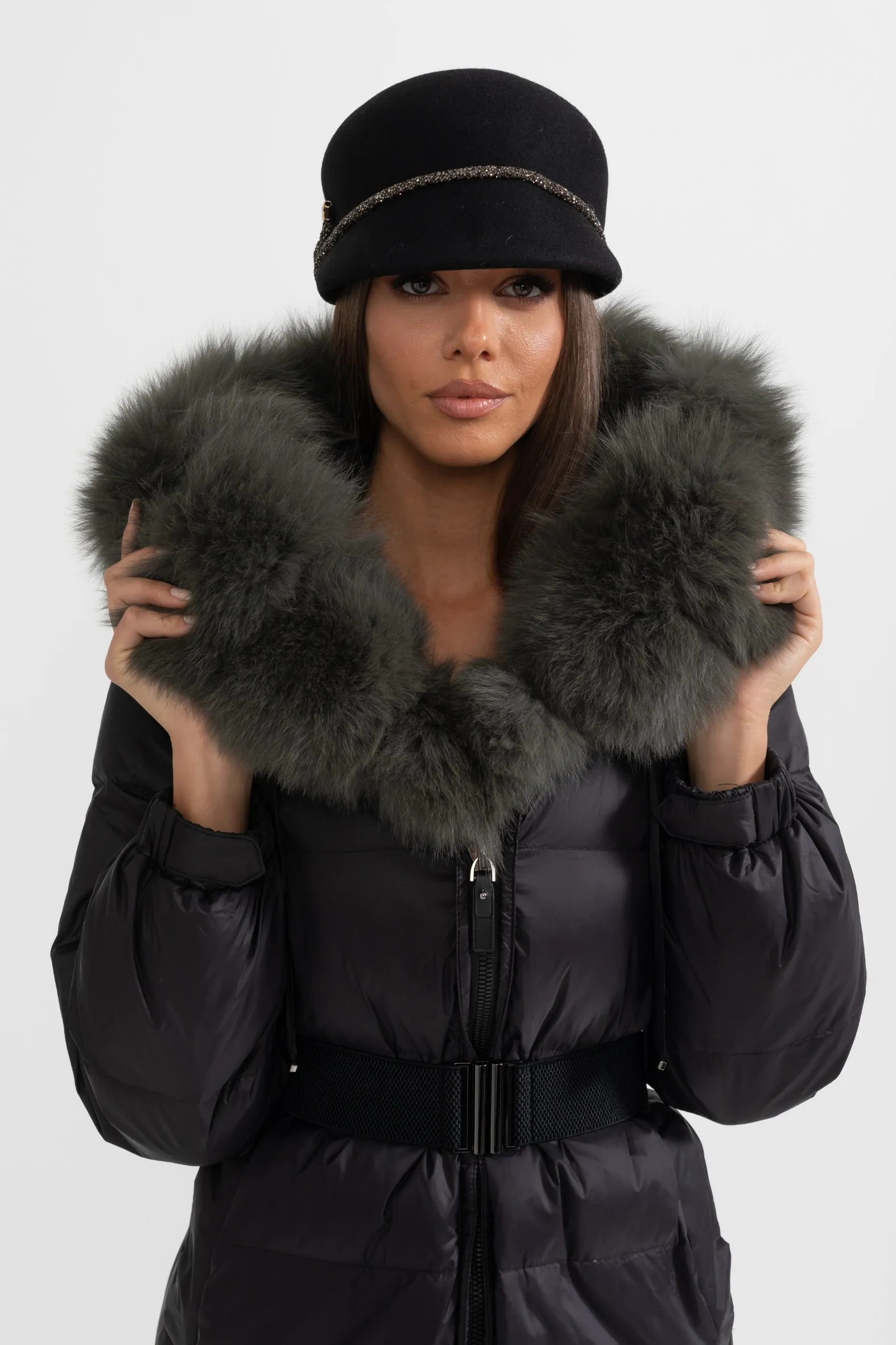 Long Puffer Jacket With Black Fox Fur-Lined Hood - Black