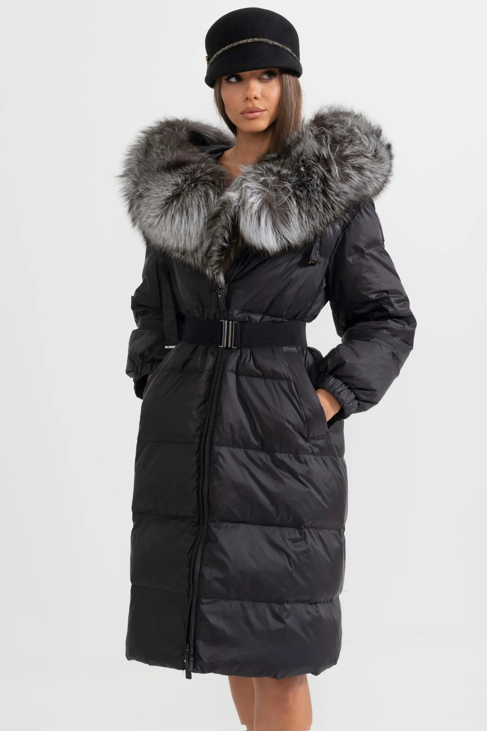 Long Puffer Jacket With Gray Fox Fur-Lined Hood - Black