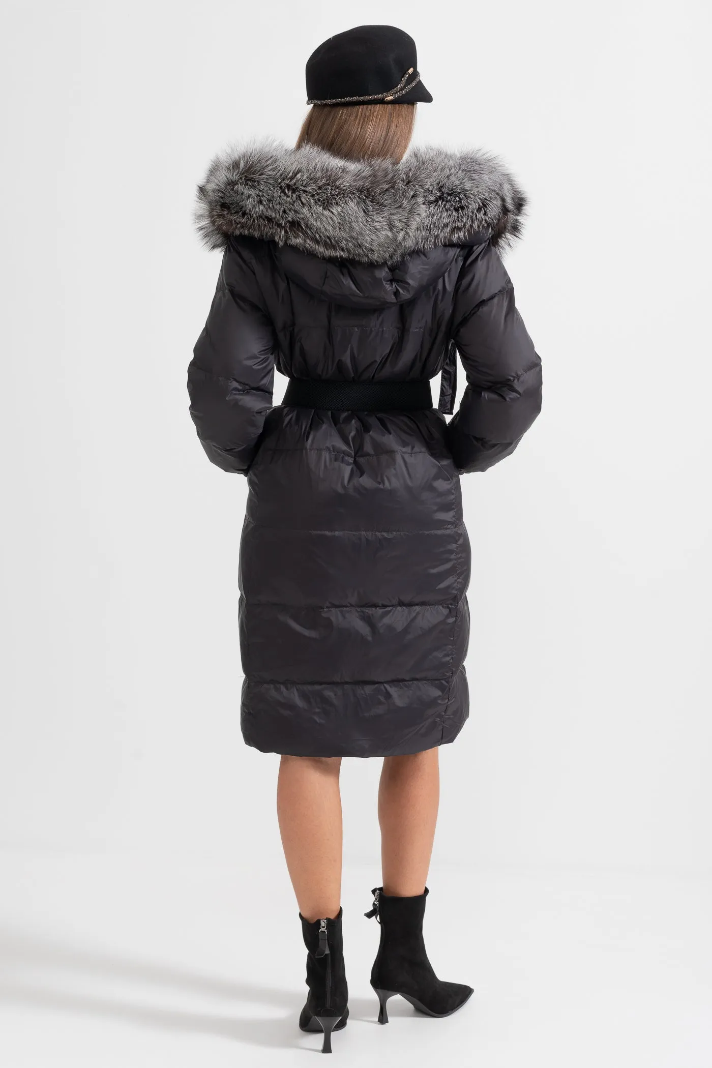 Long Puffer Jacket With Gray Fox Fur-Lined Hood - Black