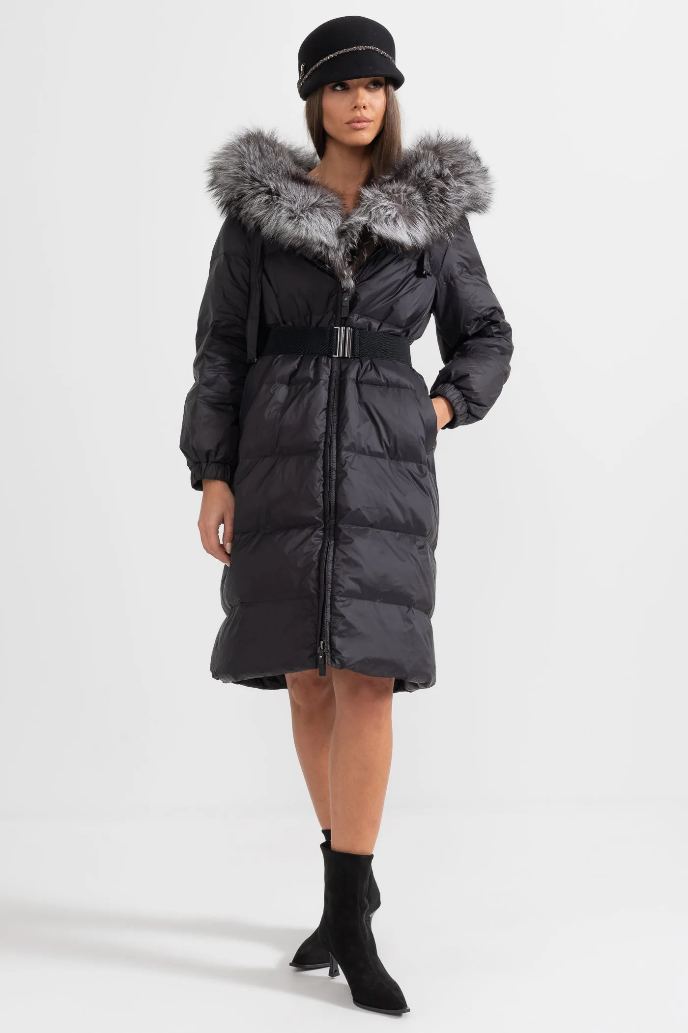 Long Puffer Jacket With Gray Fox Fur-Lined Hood - Black