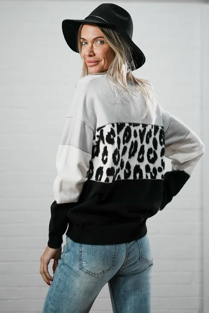 Long sleeve crew neck knit with leopard print | LEOPARD STRIPE KNIT