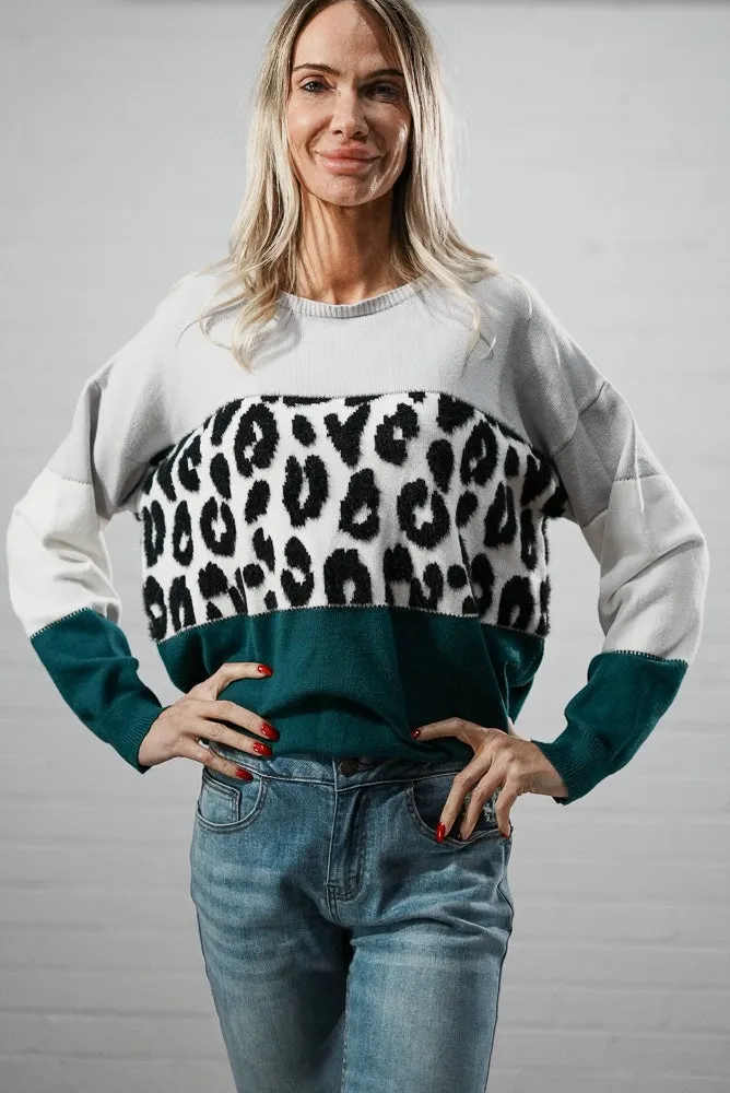 Long sleeve crew neck knit with leopard print | LEOPARD STRIPE KNIT