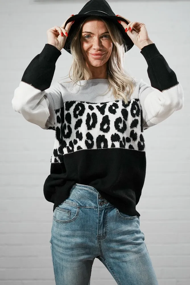 Long sleeve crew neck knit with leopard print | LEOPARD STRIPE KNIT