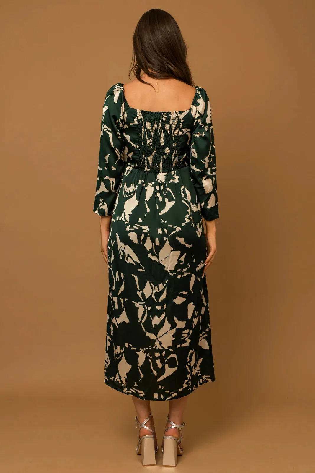 Long Sleeve Smocked Back Wrap Midi Dress