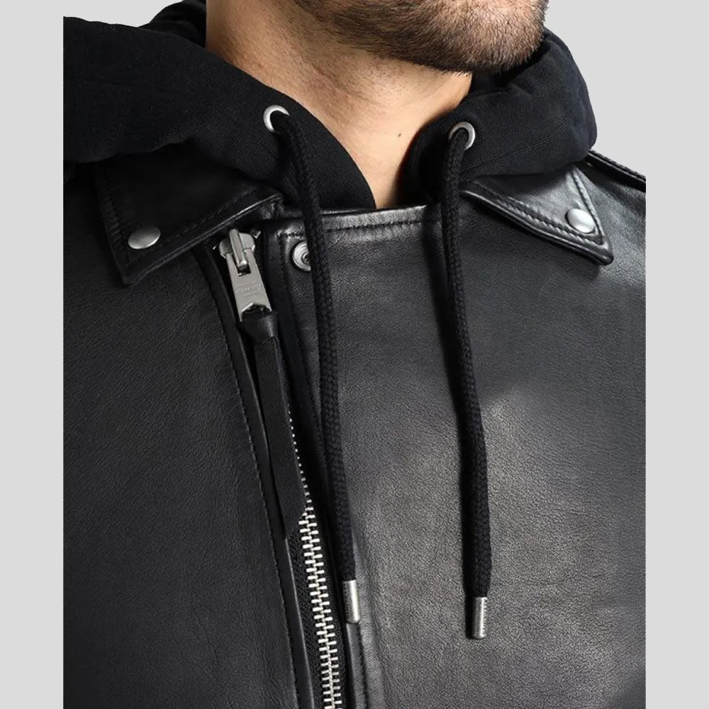 Lupe Black Removable Hooded Leather Jacket